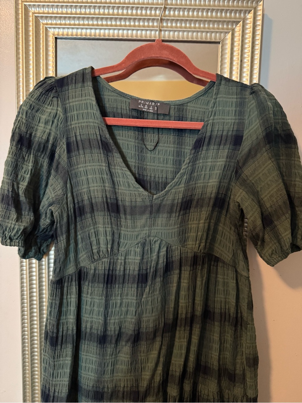 Primark Dark Green Plaid V-Neck Puff Sleeve Blouse
